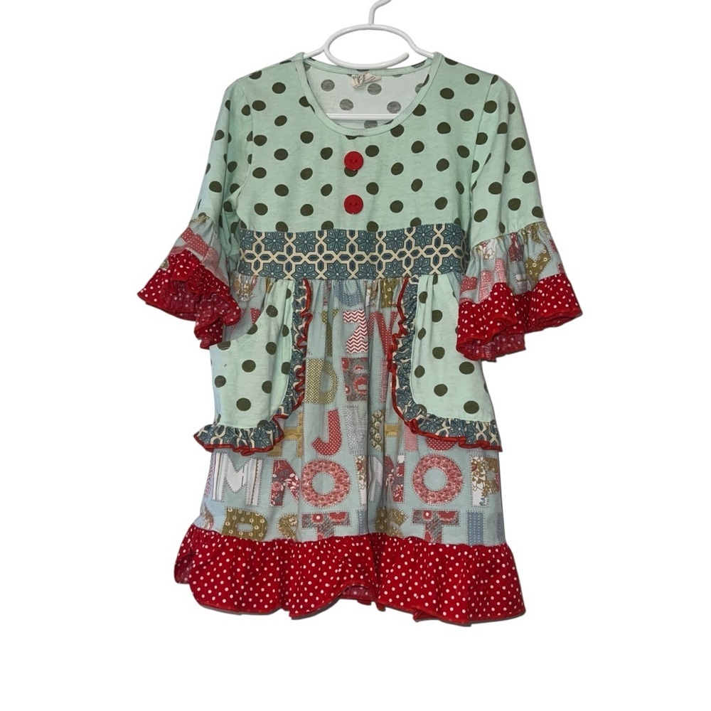 Tutu & Lulu Patchwork polka dot red green alphabet Dress 5-6T lg pockets